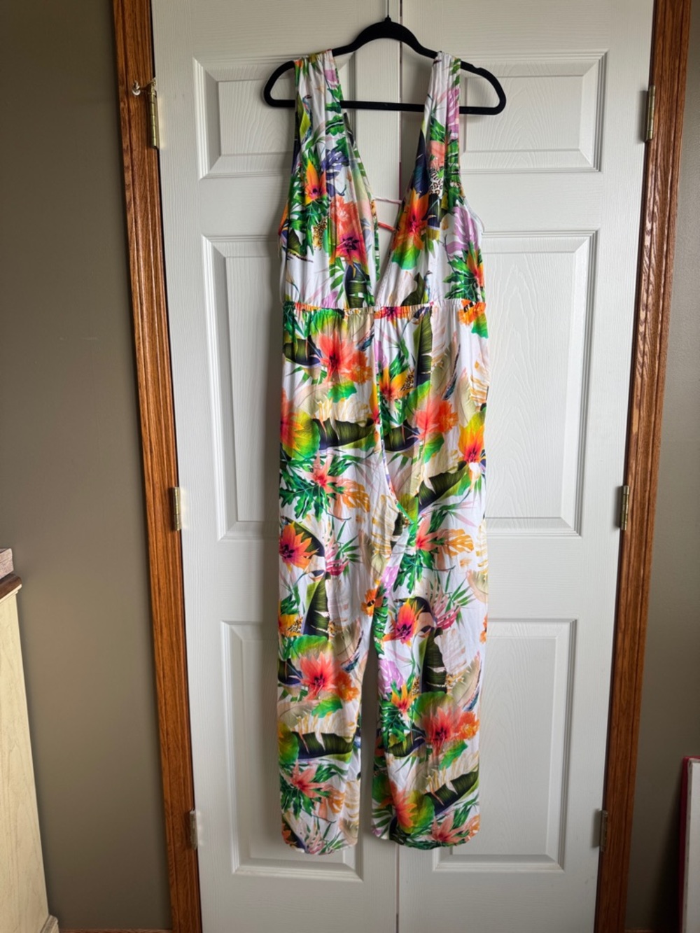 Tropical Floral Wide-Leg Swim Cover-up Jumpsuit - White Multicolor